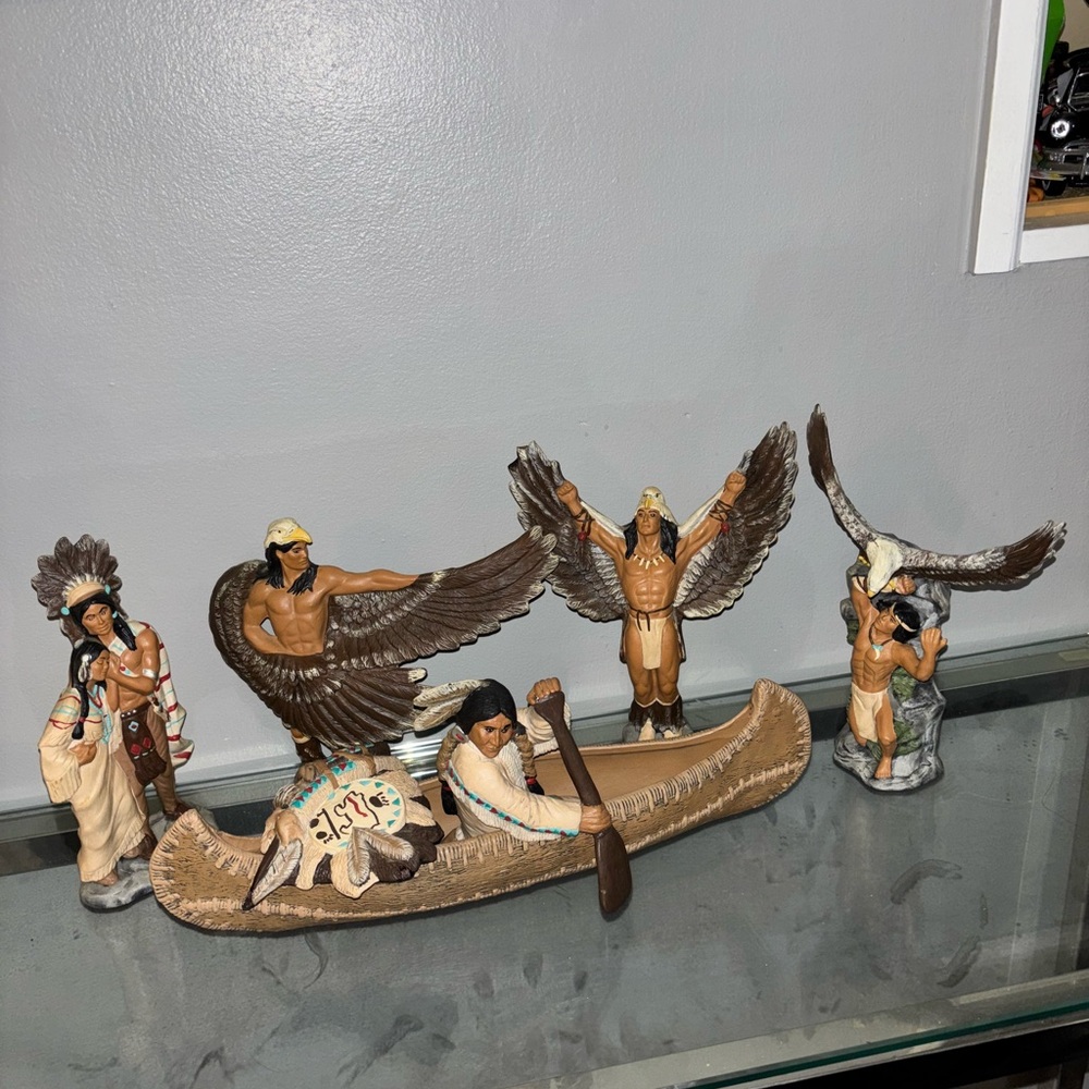 Native American Figurine Set with Canoe and Eagles